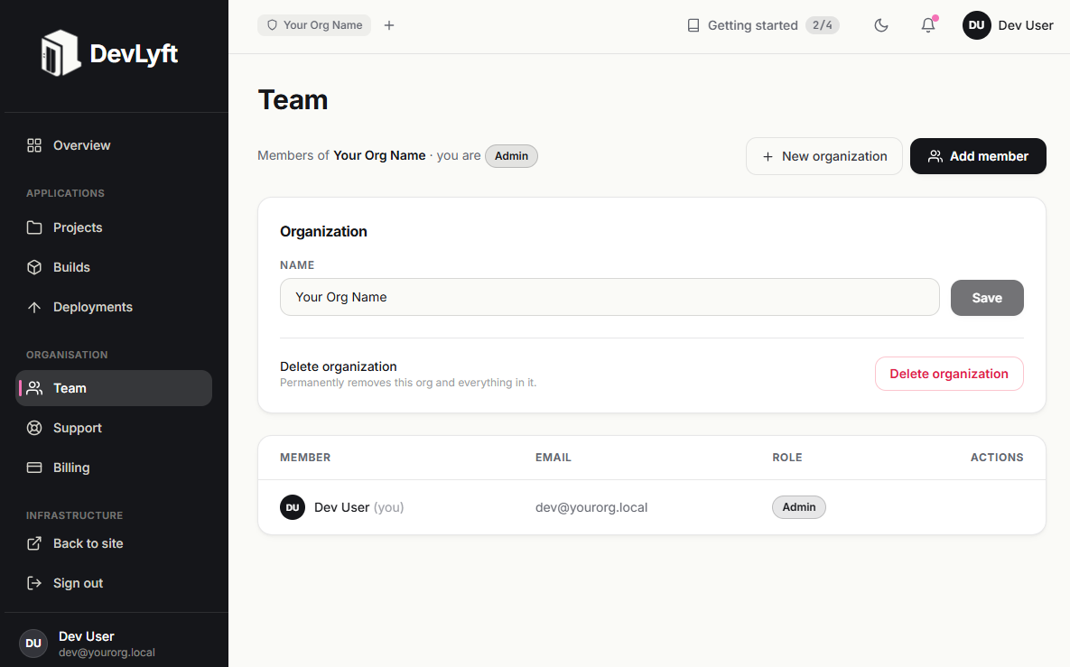 Create an organisation in the DevLyft dashboard