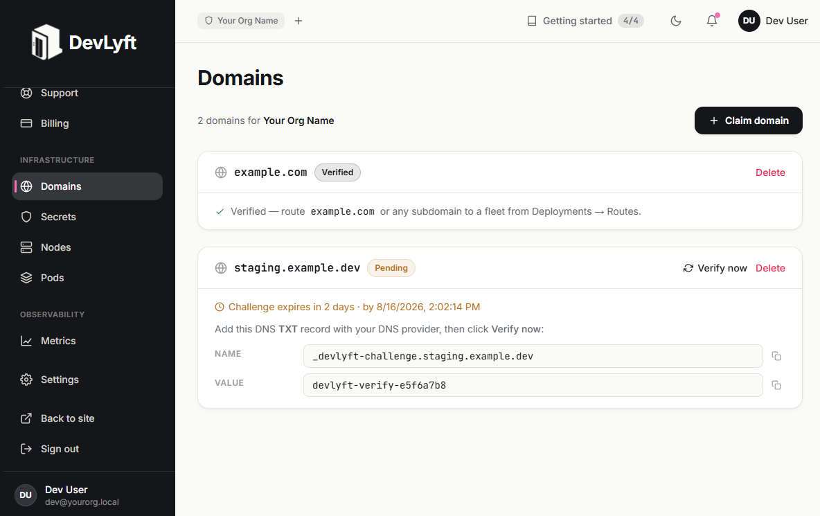 Domain management in the DevLyft dashboard